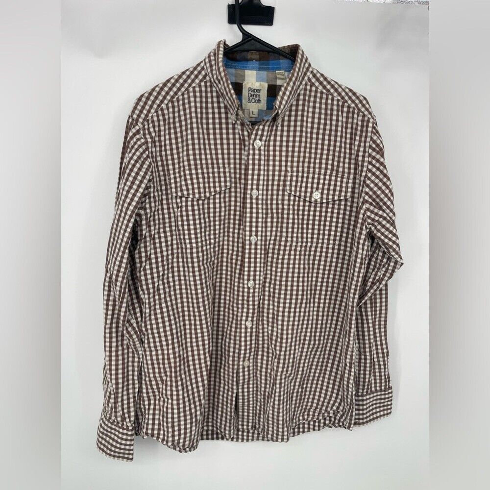 Paper denim and cloth men's size large button, down sleeve shirt, checker Brown